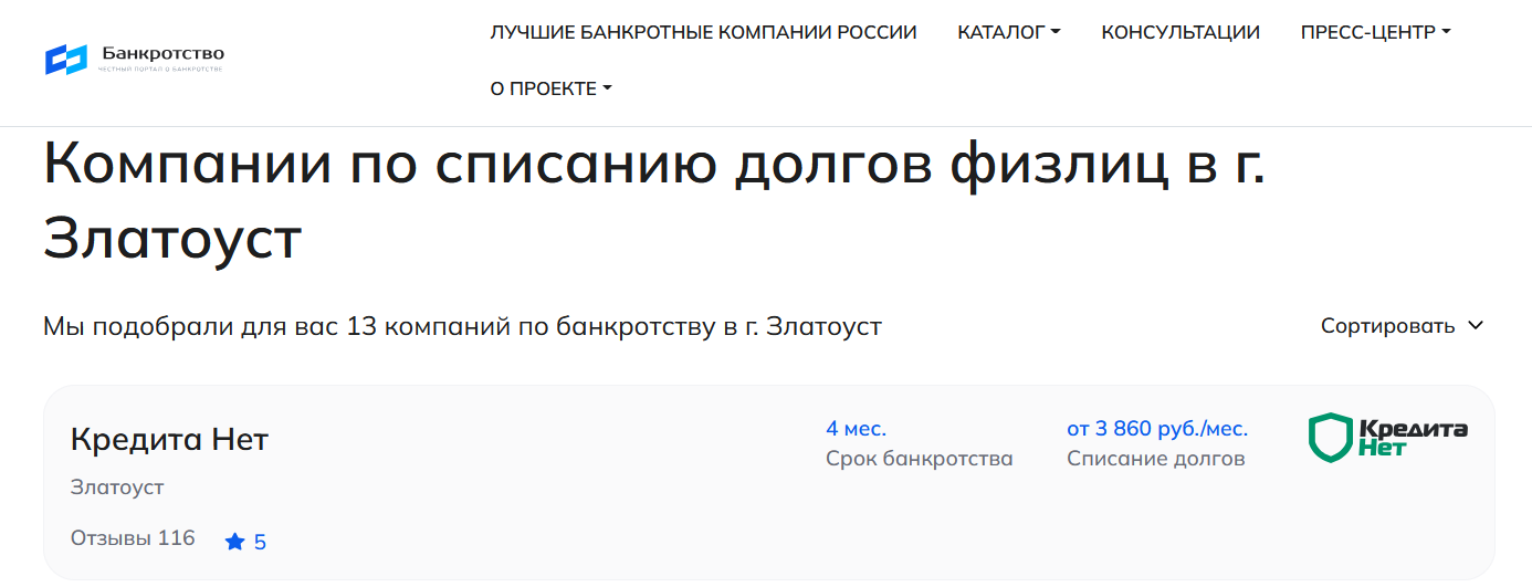 КредитаНет – первые в рейтинге компаний по банкротству в Златоусте на сайте Банкротство Инфо